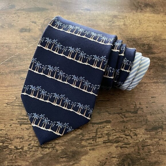 Tommy Bahama Mens Tie Navy Blue Palm Tree Beach Stripe Silk USA Made Necktie - Picture 2 of 8